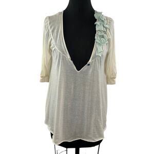 MOTHBALLS Beige Green Flower Applique Cashmere Knit Top Lightweight Sweater M